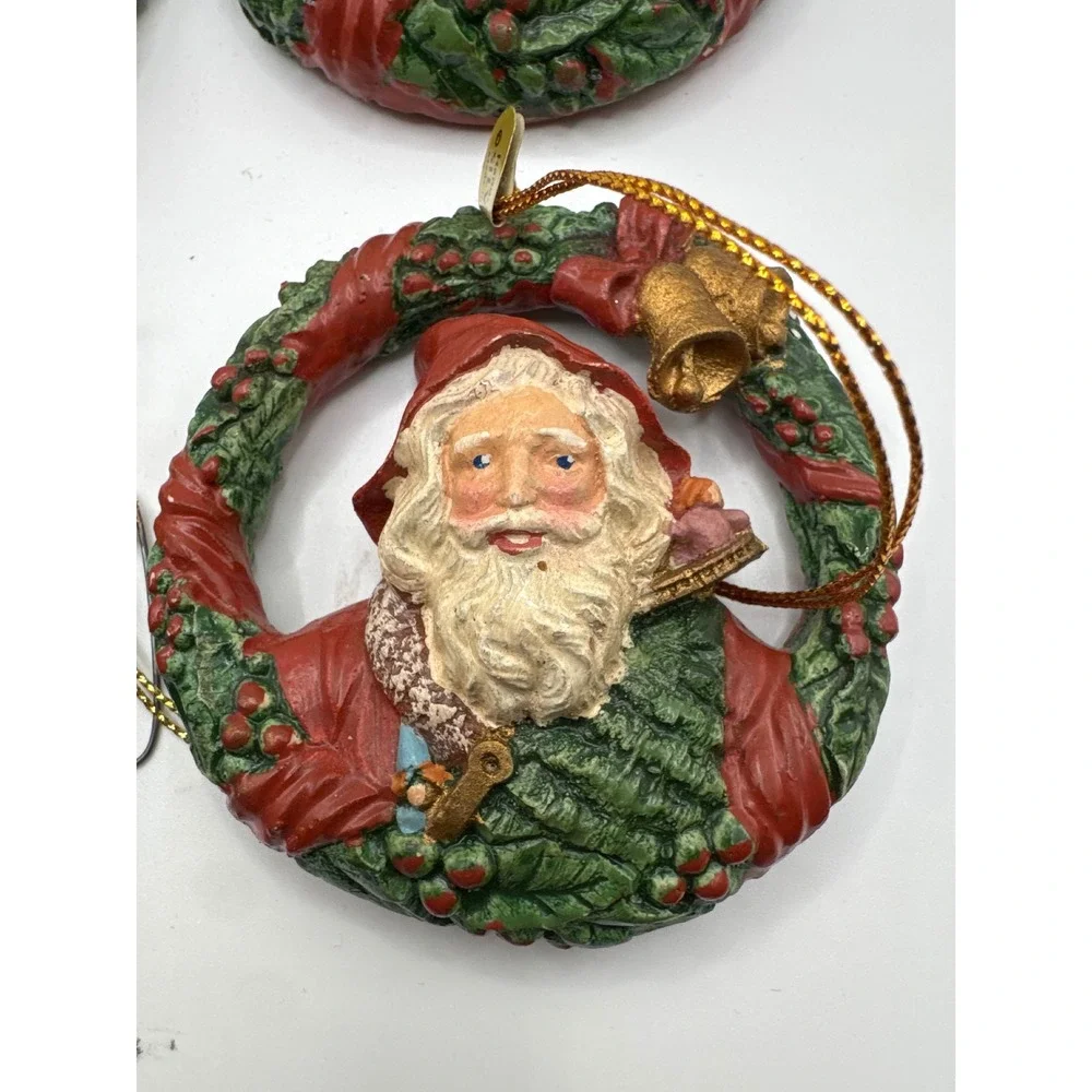 Silvestri Handcrafted Santa Wreath Christmas Ornaments Set of 4 Red Green Gold